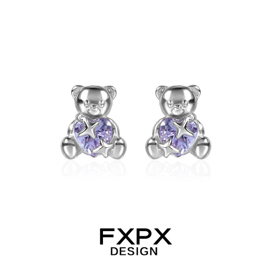 FXPX purple bear stud earrings featuring heart-shaped purple gemstones for a cute accessory