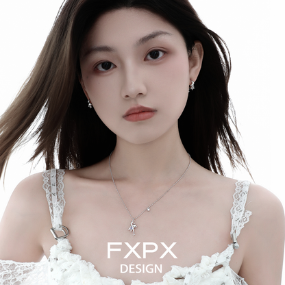 FXPX purple zircon bear necklace on model, showcasing elegant design and sparkling details