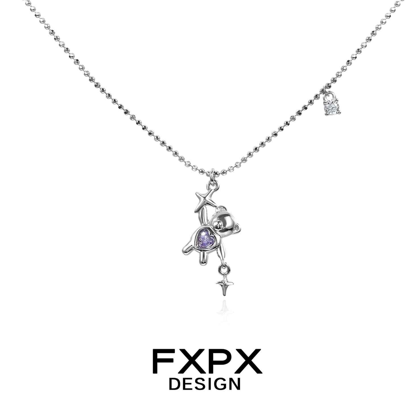 FXPX silver necklace featuring a purple zircon bear pendant with star accents