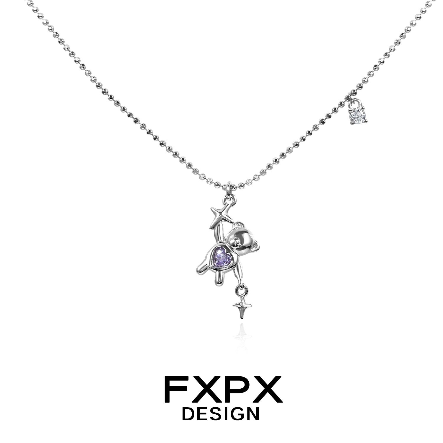 FXPX silver necklace featuring a purple zircon bear pendant with star accents