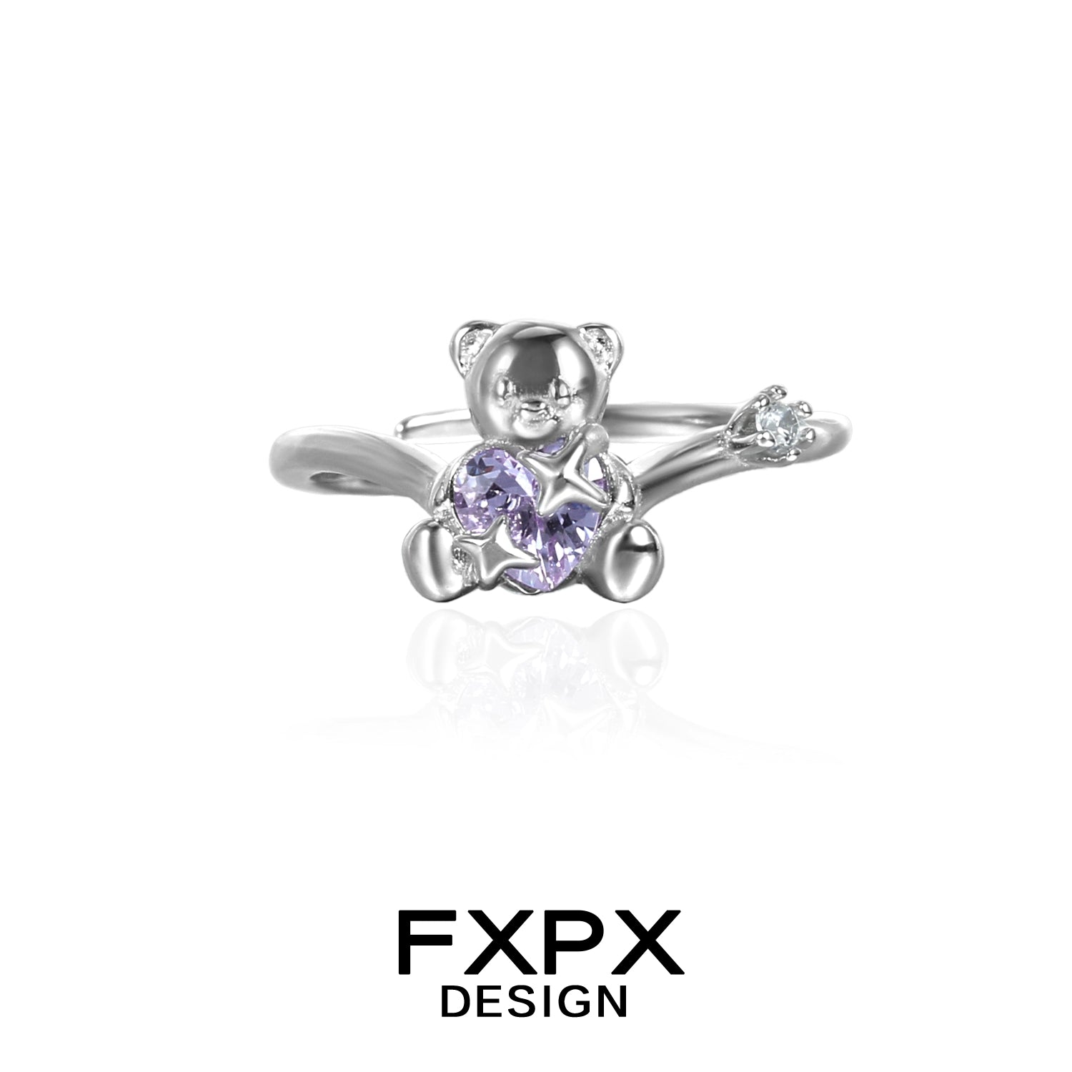 Silver FXPX purple zircon bear ring featuring a cute bear and star design