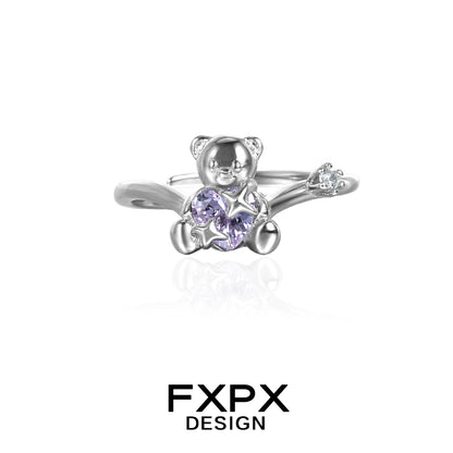 Silver FXPX purple zircon bear ring featuring a cute bear and star design
