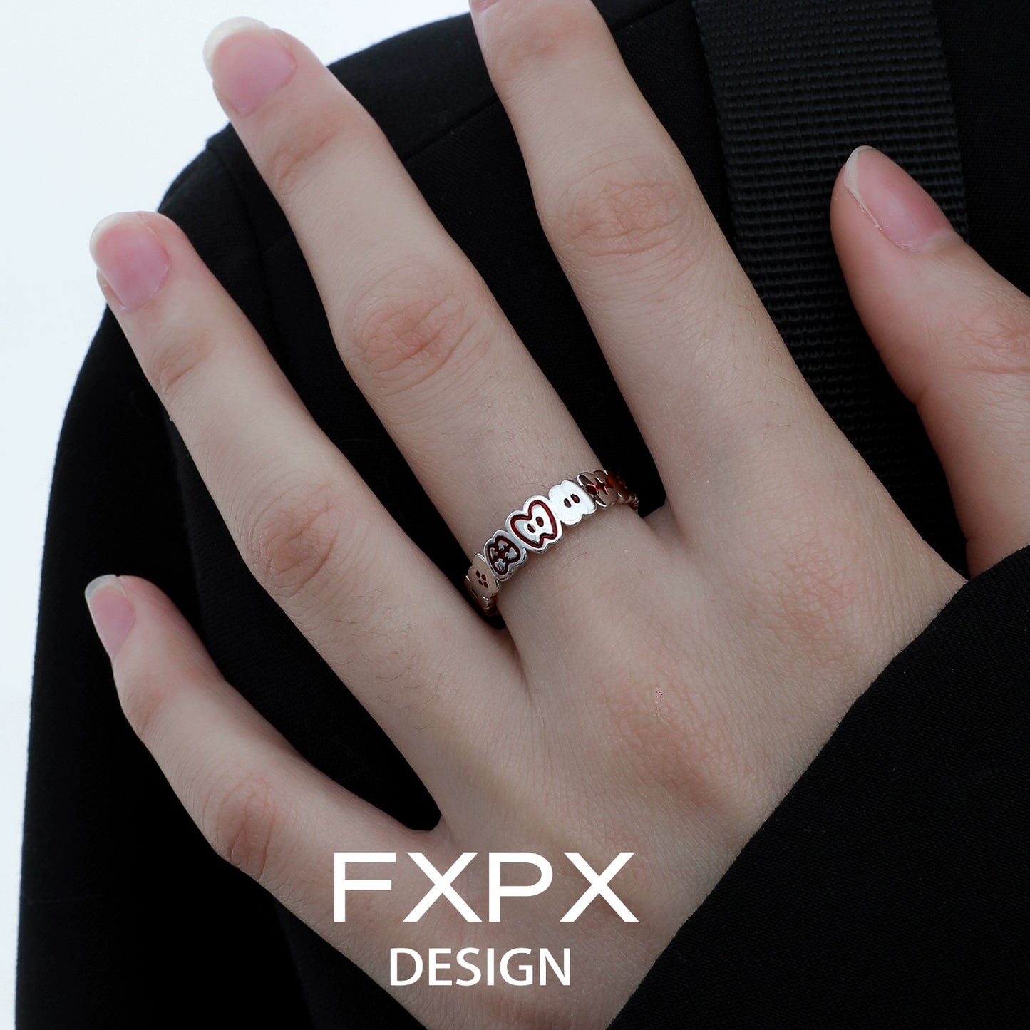 Stylish FXPX red green apple ring made of durable metal with playful design for everyday wear