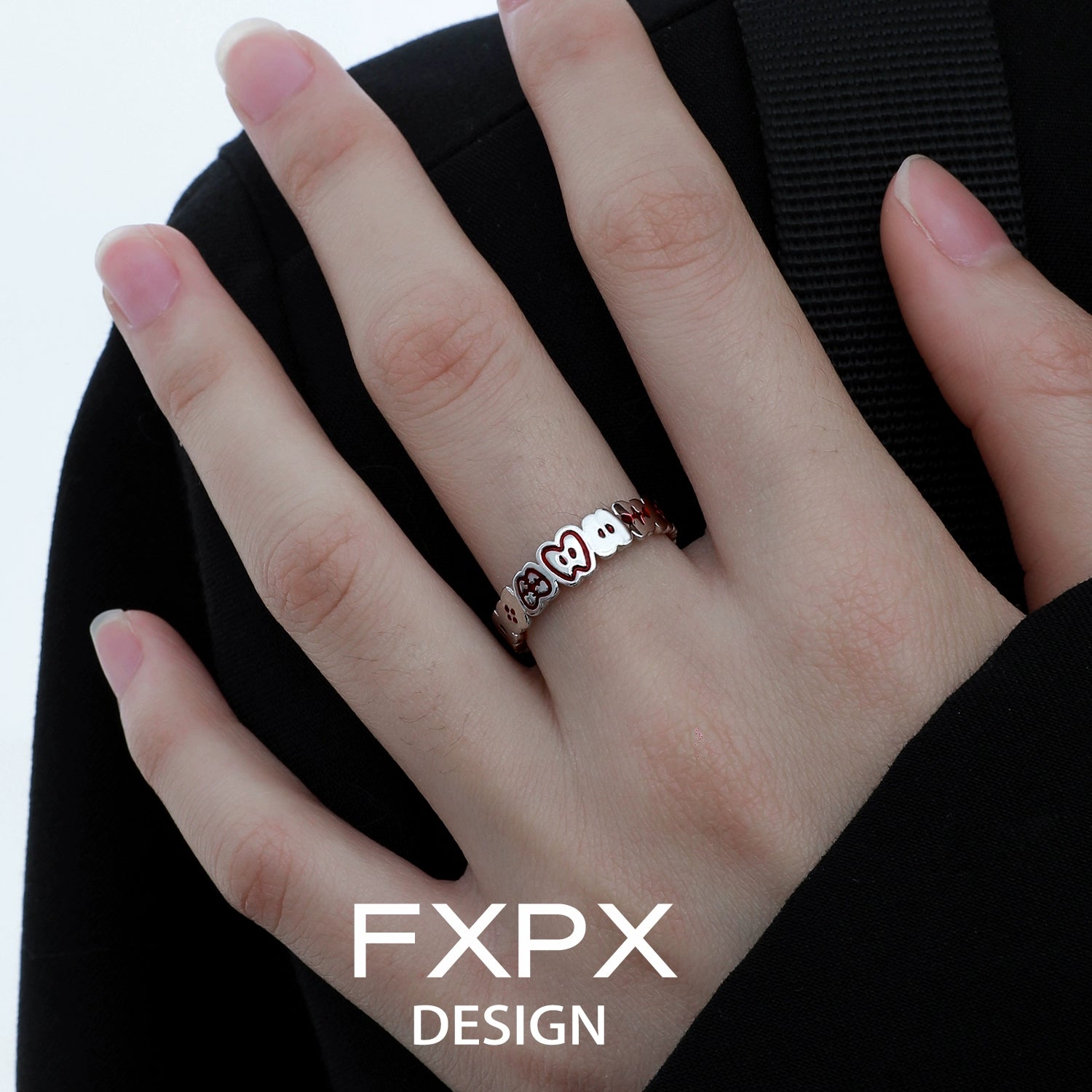 Stylish FXPX red green apple ring made of durable metal with playful design for everyday wear