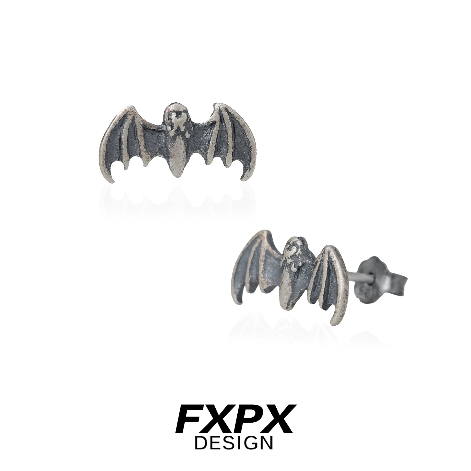 FXPX retro bat stud earrings in silver with intricate bat design for stylish accessories