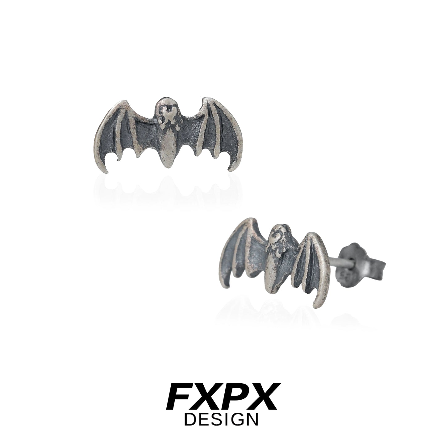 FXPX retro bat stud earrings in antique silver with detailed bat design for a gothic look