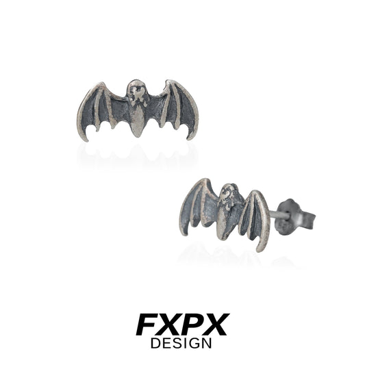 FXPX retro bat stud earrings in antique silver with detailed bat design for a gothic look
