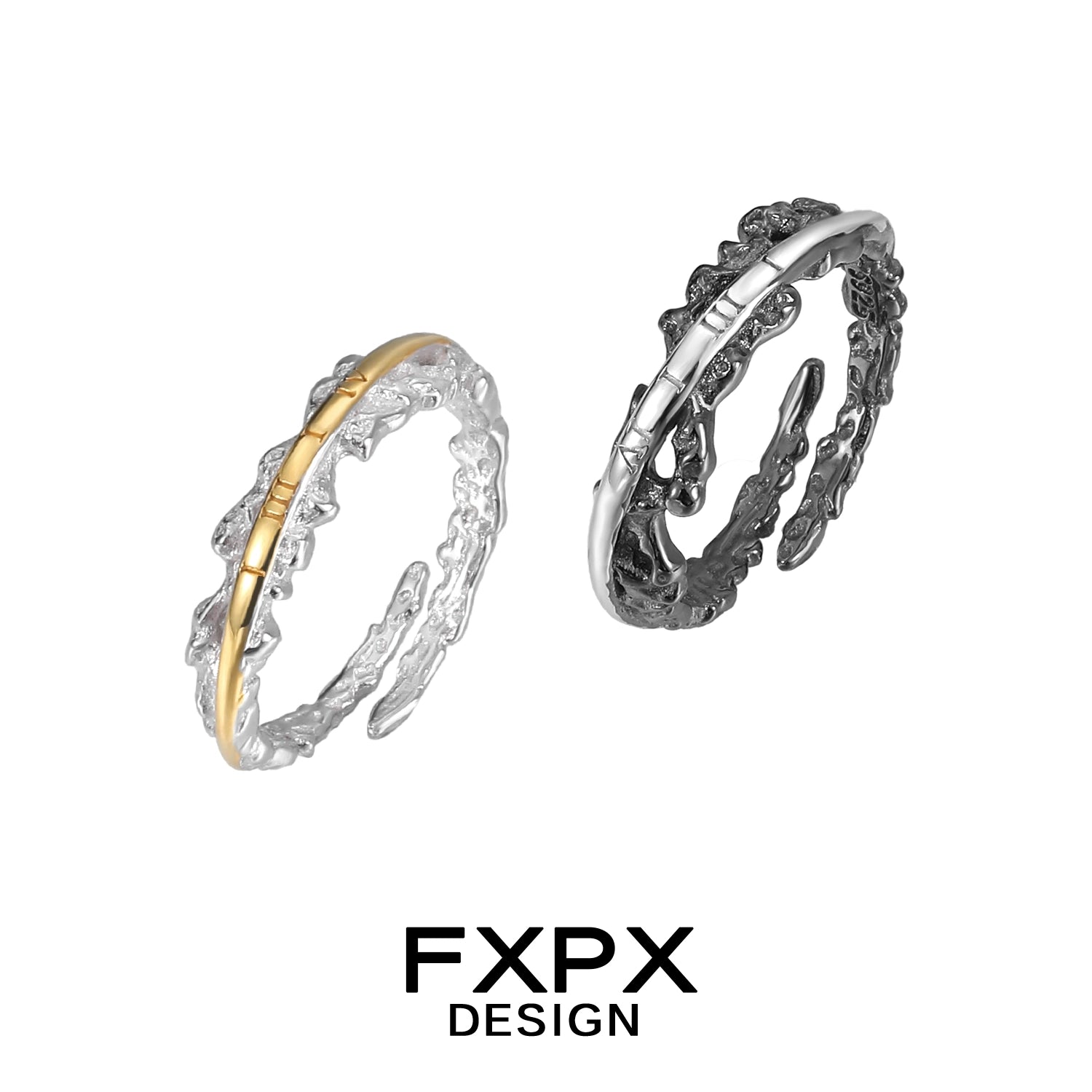 FXPX Roman numeral couple rings in silver and gold design for matching jewelry sets
