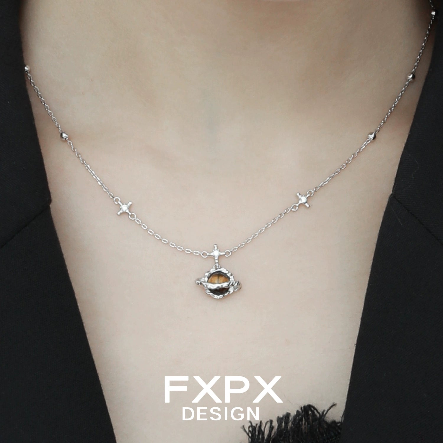 FXPX Saturn Tiger's Eye Necklace with Silver Chain and Unique Eye Design for Elegant Style