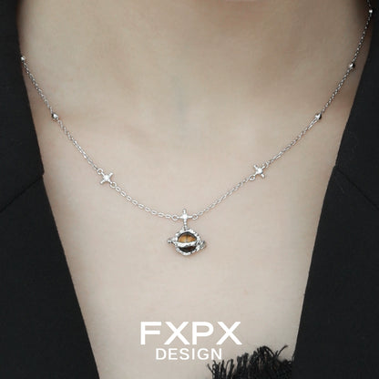 FXPX Saturn Tiger's Eye Necklace with Silver Chain and Unique Eye Design for Elegant Style