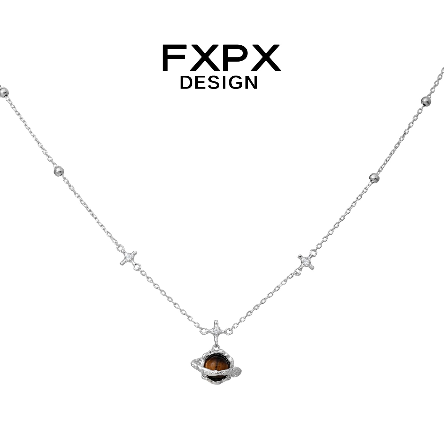 FXPX Saturn Tiger's Eye Necklace with Silver Chain and Star Accents for a Stylish Look
