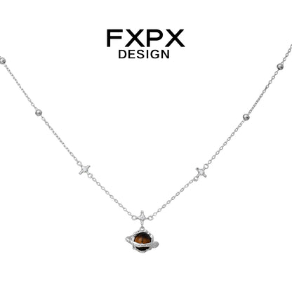 FXPX Saturn Tiger's Eye Necklace with Silver Chain and Star Accents for a Stylish Look