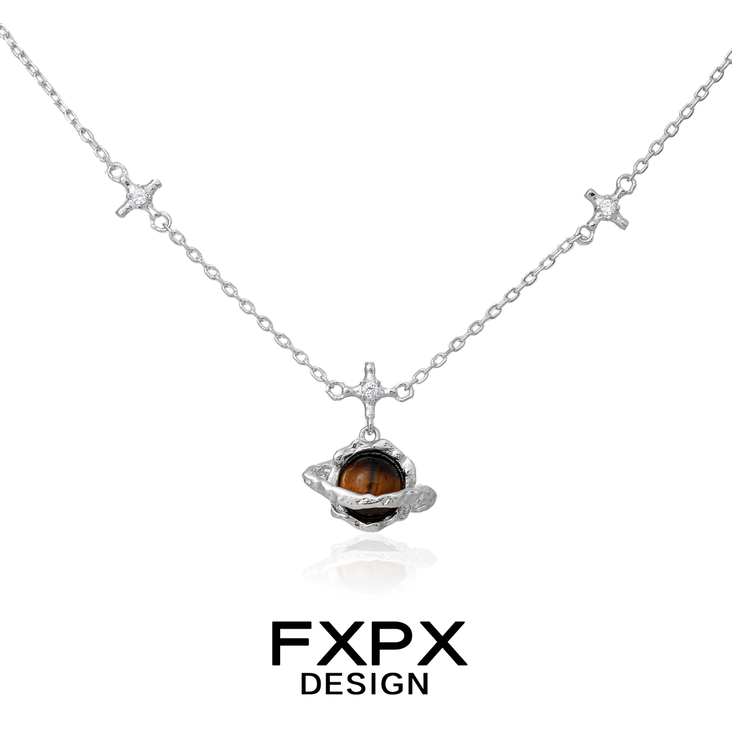 FXPX Saturn Tiger's Eye Necklace featuring a unique planet design with a shimmering gemstone