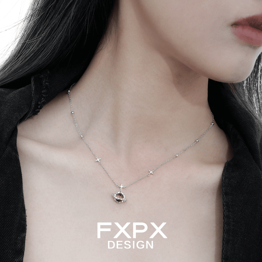 FXPX Saturn Tiger's Eye Necklace with Silver Chain and Star Accents, Perfect for Everyday Wear
