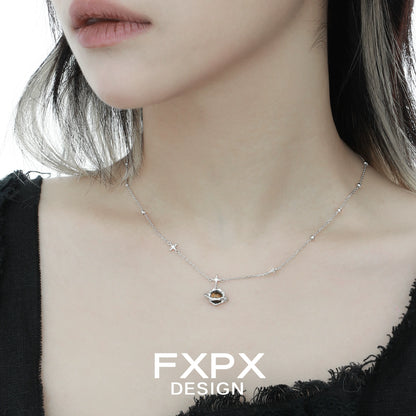 Delicate FXPX Saturn Tiger's Eye Necklace on a model showcasing its unique design and elegance