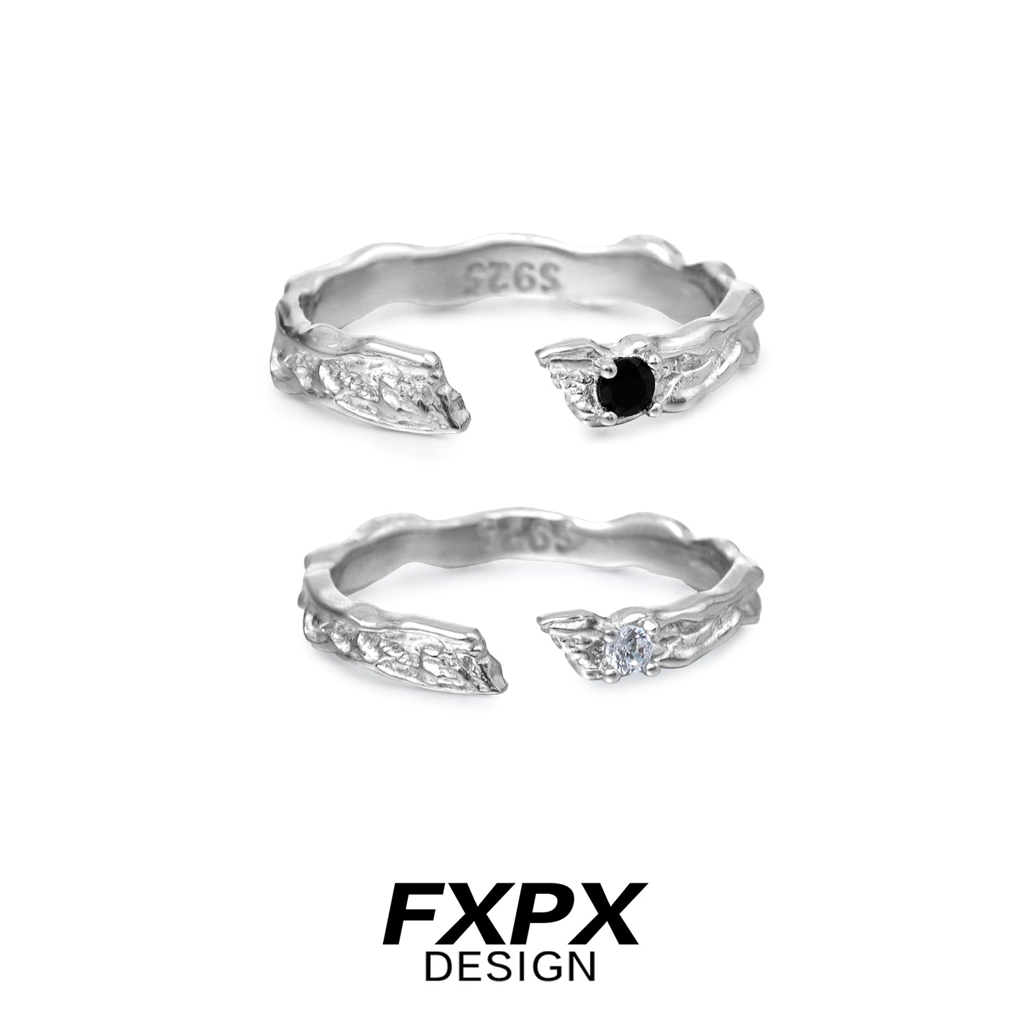 FXPX secret bond couple rings in silver featuring elegant designs with black and white stones