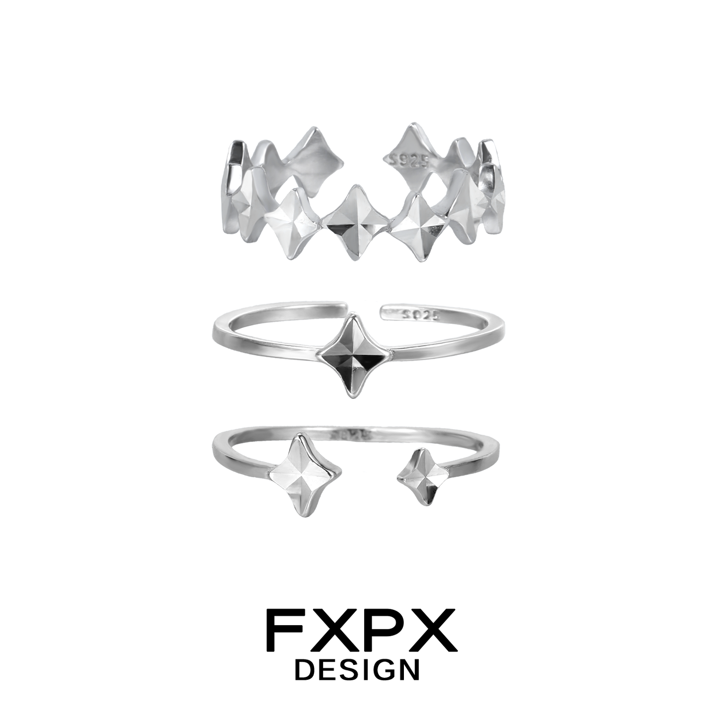 FXPX Sentinel Star Couple Rings Set in Silver with Unique Star Designs for Lovers