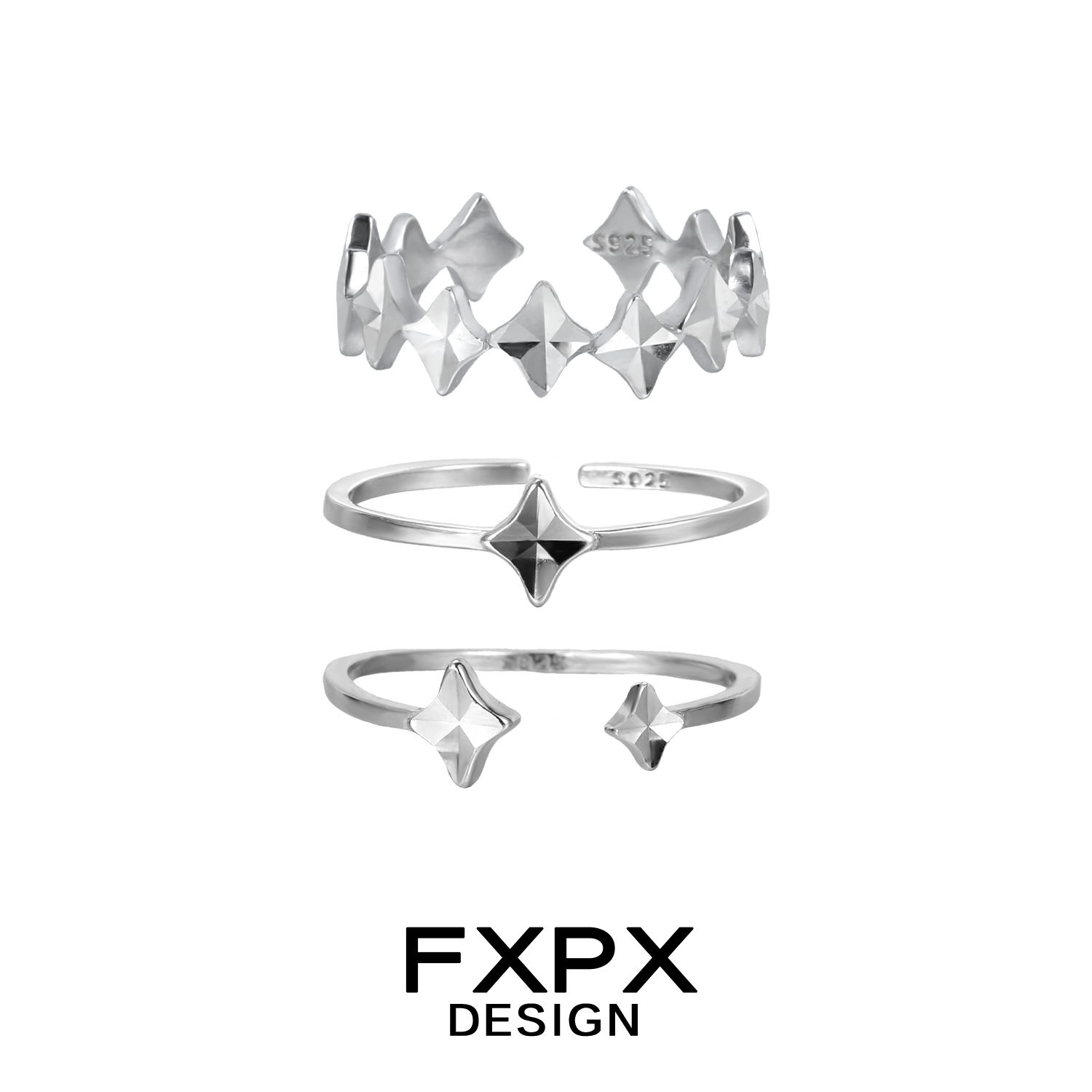 FXPX Sentinel Star Couple Rings Set in Silver with Unique Star Designs for Lovers