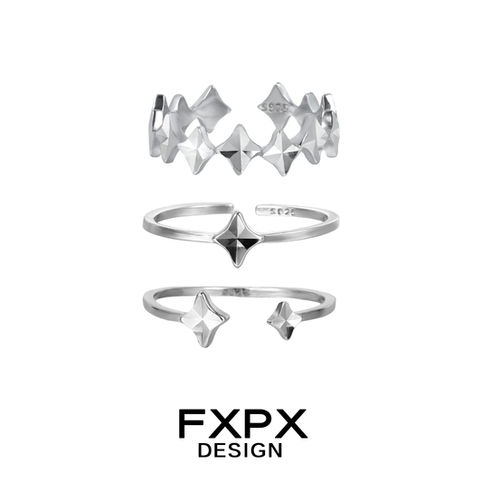 FXPX Sentinel Star Couple Rings Set in Silver with Unique Star Designs for Lovers