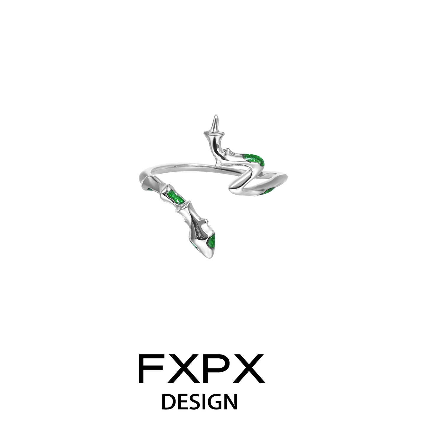 Stylish FXPX serpentine rings in silver with green gemstone accents for a trendy look