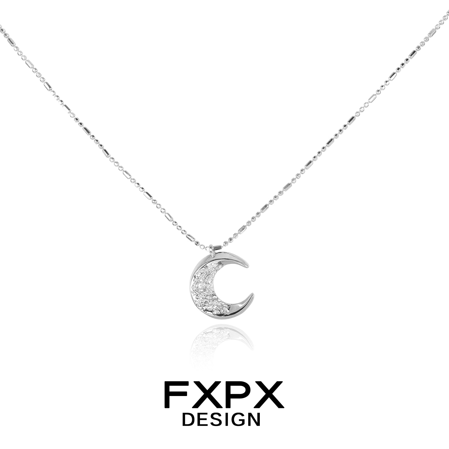 FXPX Shattered Moonlight Zircon Necklace in Silver with a Crescent Moon Pendant