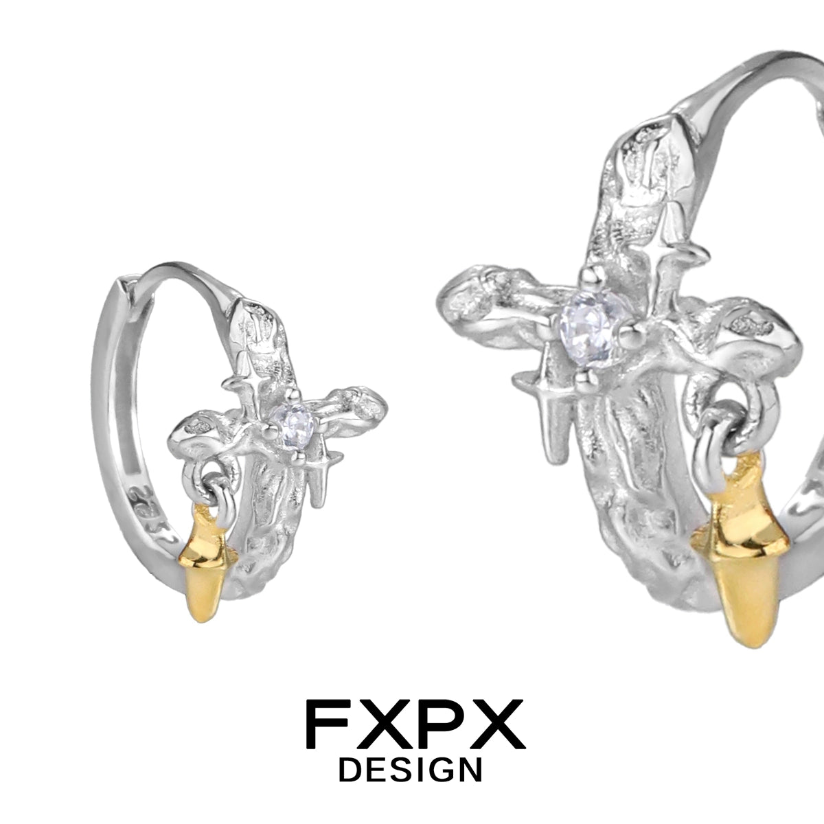 Stylish silver axis cross earrings by FXPX featuring gold accents and sparkling stones