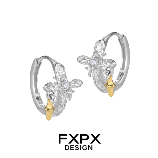 FXPX silver axis cross earrings featuring gold accents and sparkling details for a stylish look