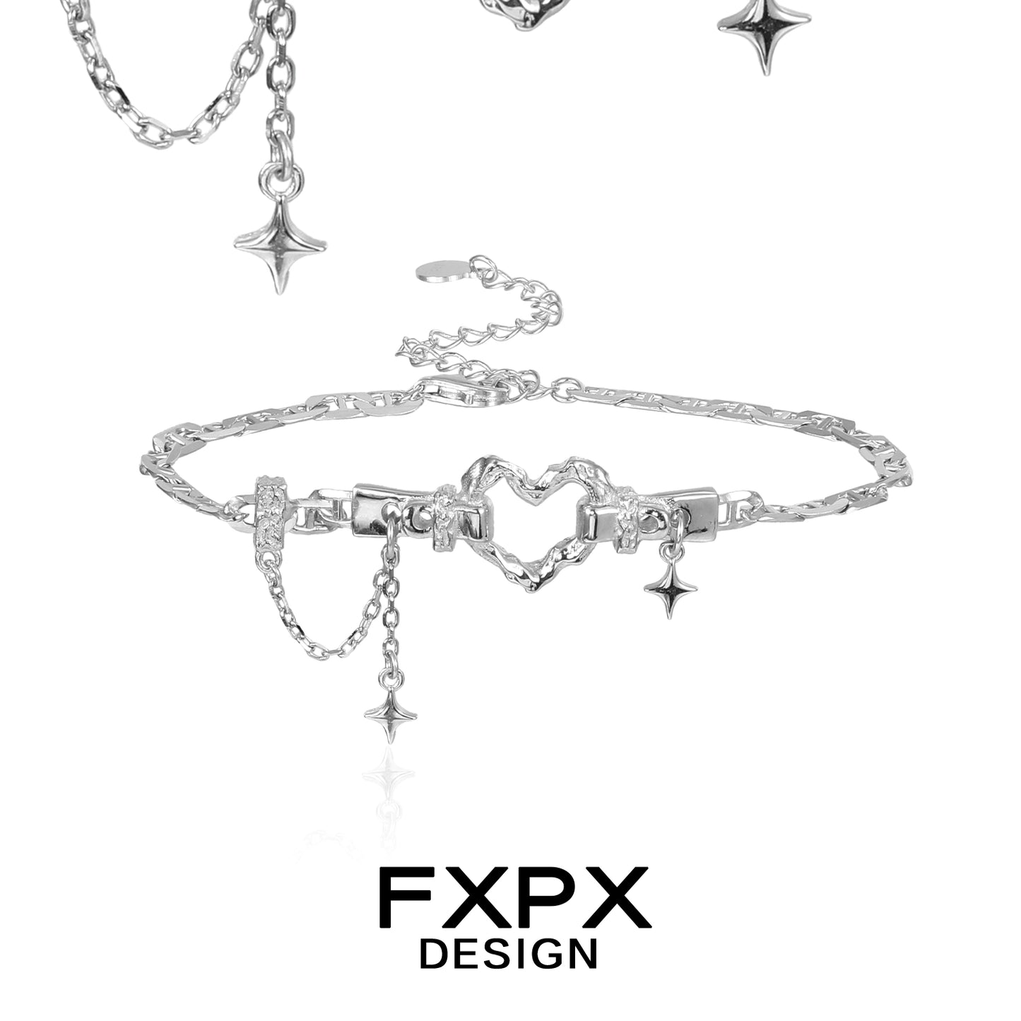 FXPX silver geometric heart bracelet with star charms for a stylish accessory look