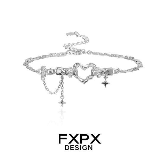 FXPX silver geometric heart bracelet with a unique chain design and star charms for stylish accessories