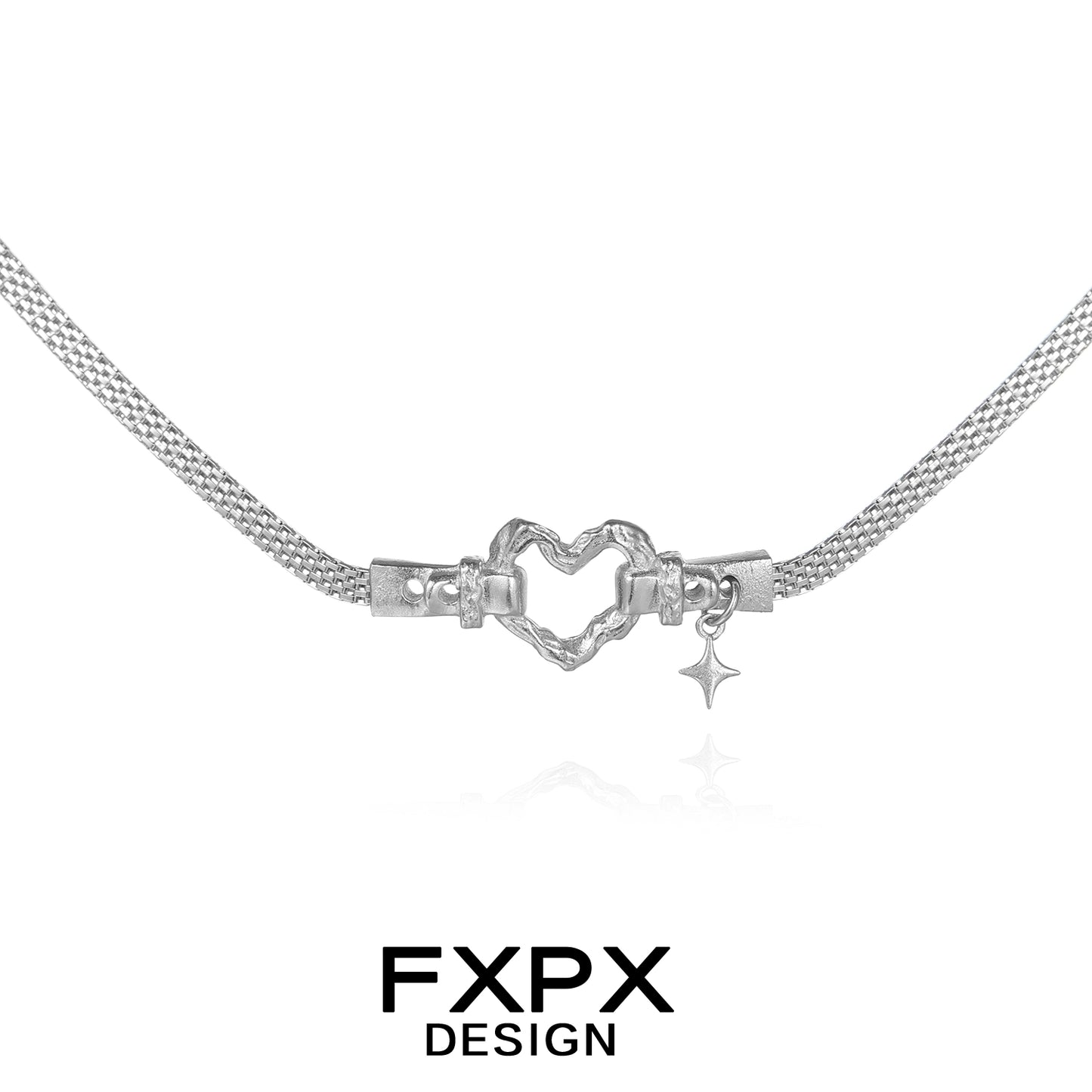 FXPX silver heart belt necklace featuring a delicate heart clasp and star charm