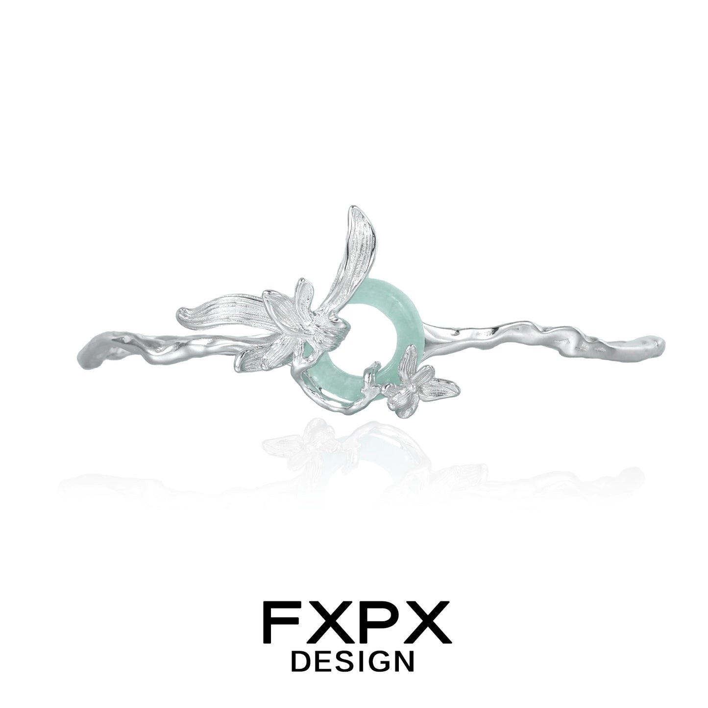 Elegant silver iris flower bracelet featuring a delicate design and a green stone centerpiece