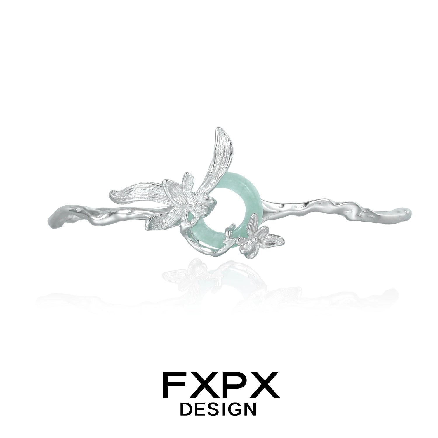 Elegant silver iris flower bracelet featuring a delicate design and a green stone centerpiece