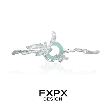 Elegant silver iris flower bracelet featuring a delicate design and a green stone centerpiece