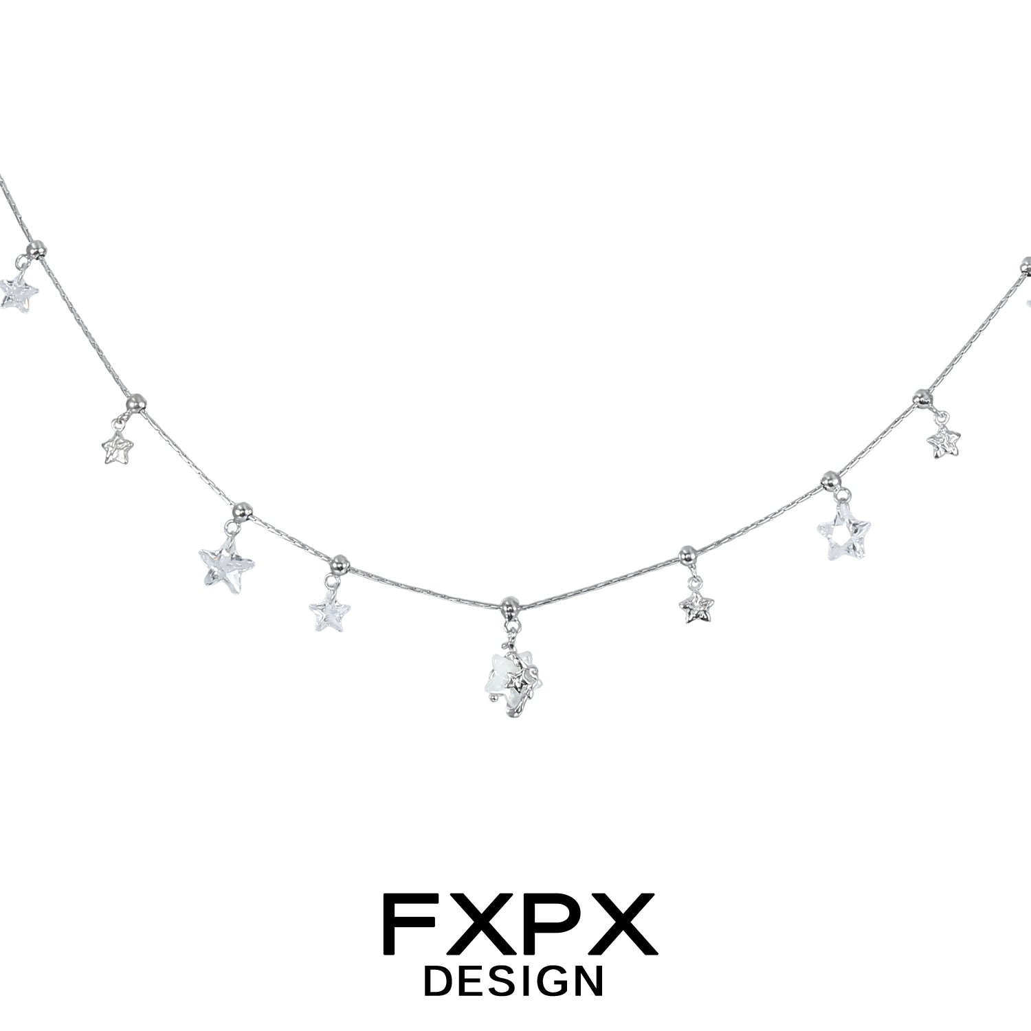 Elegant FXPX silver star necklace featuring dangling star charms on a delicate chain