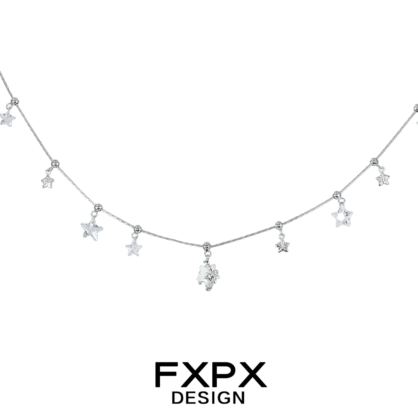 Elegant FXPX silver star necklace with dangling stars for a chic and stylish look