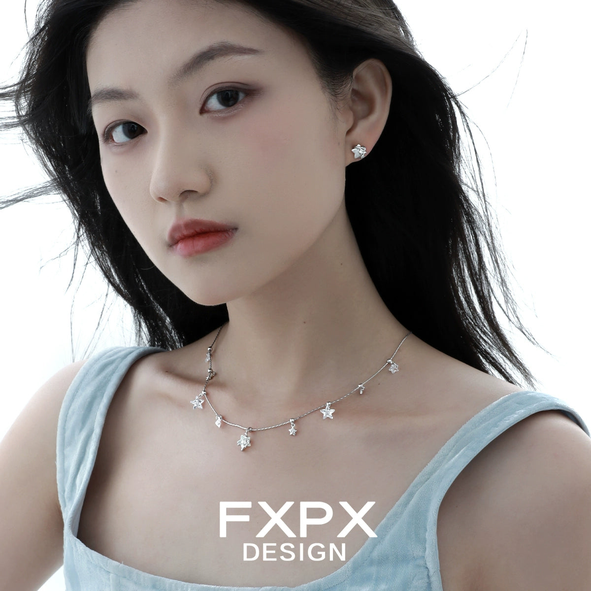 Stylish FXPX silver star necklace featuring delicate star charms for a chic look