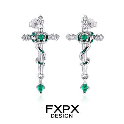FXPX snake cross earrings with emerald accents and intricate detailing for unique style
