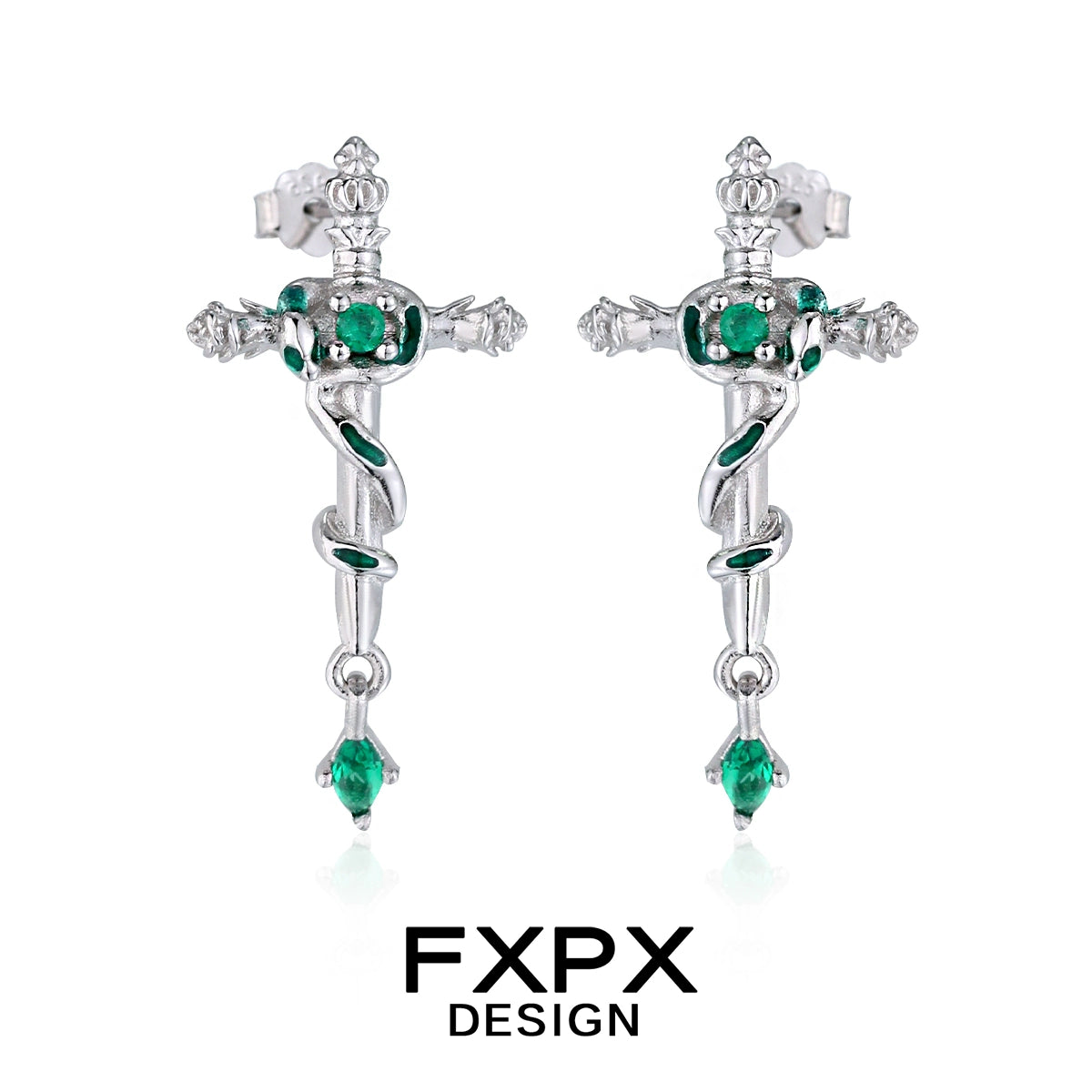 FXPX Snake Cross Earrings with Emerald Accents and Intricate Silver Design