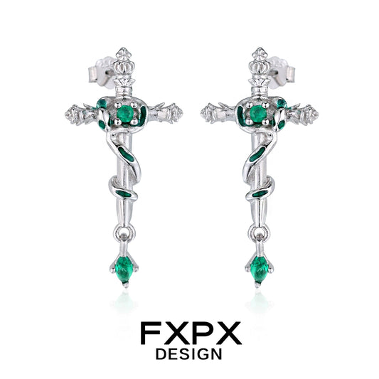 FXPX Snake Cross Earrings with Emerald Accents and Intricate Silver Design