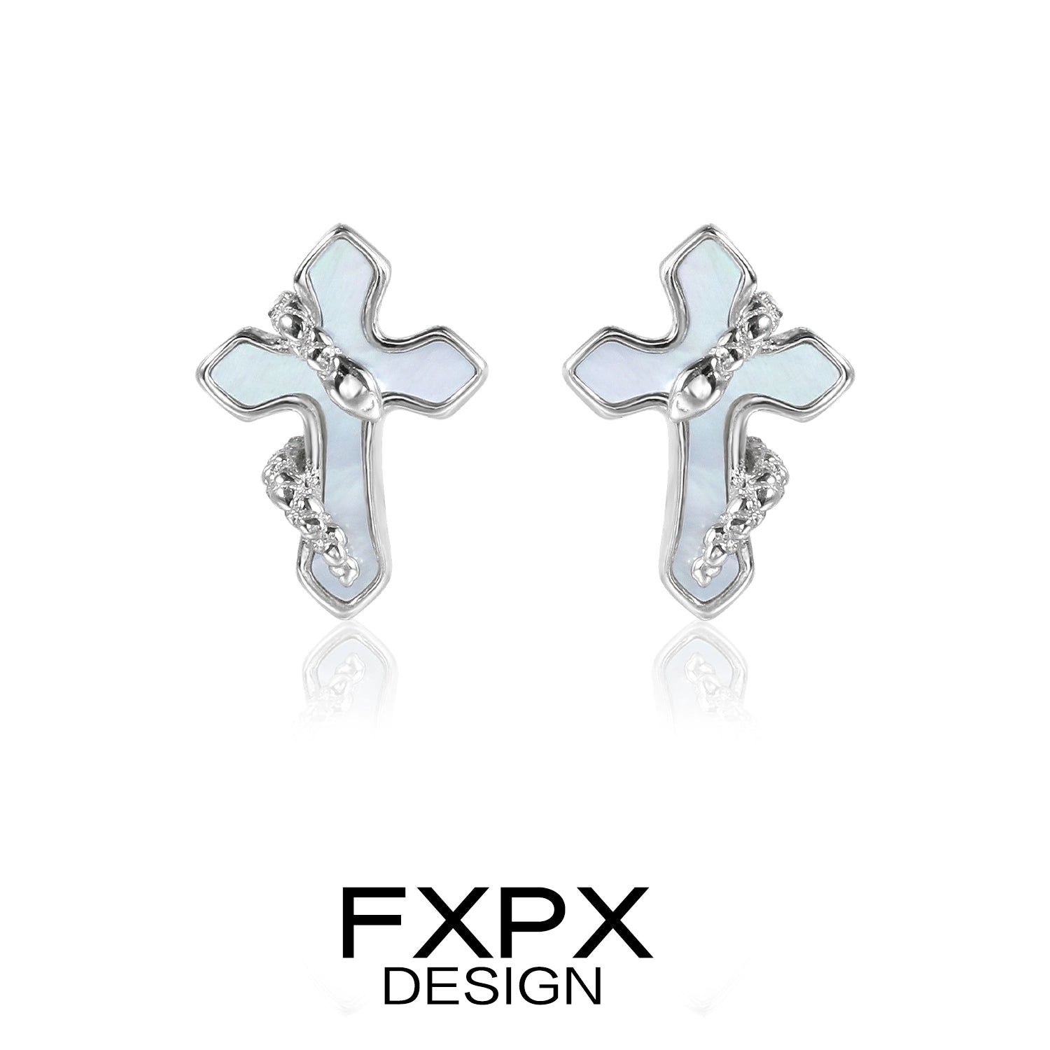 FXPX snake wrap cross earrings in silver with intricate detailing and shiny finish