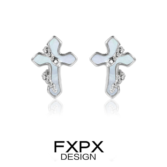 FXPX snake wrap cross earrings in silver with intricate detailing and shiny finish