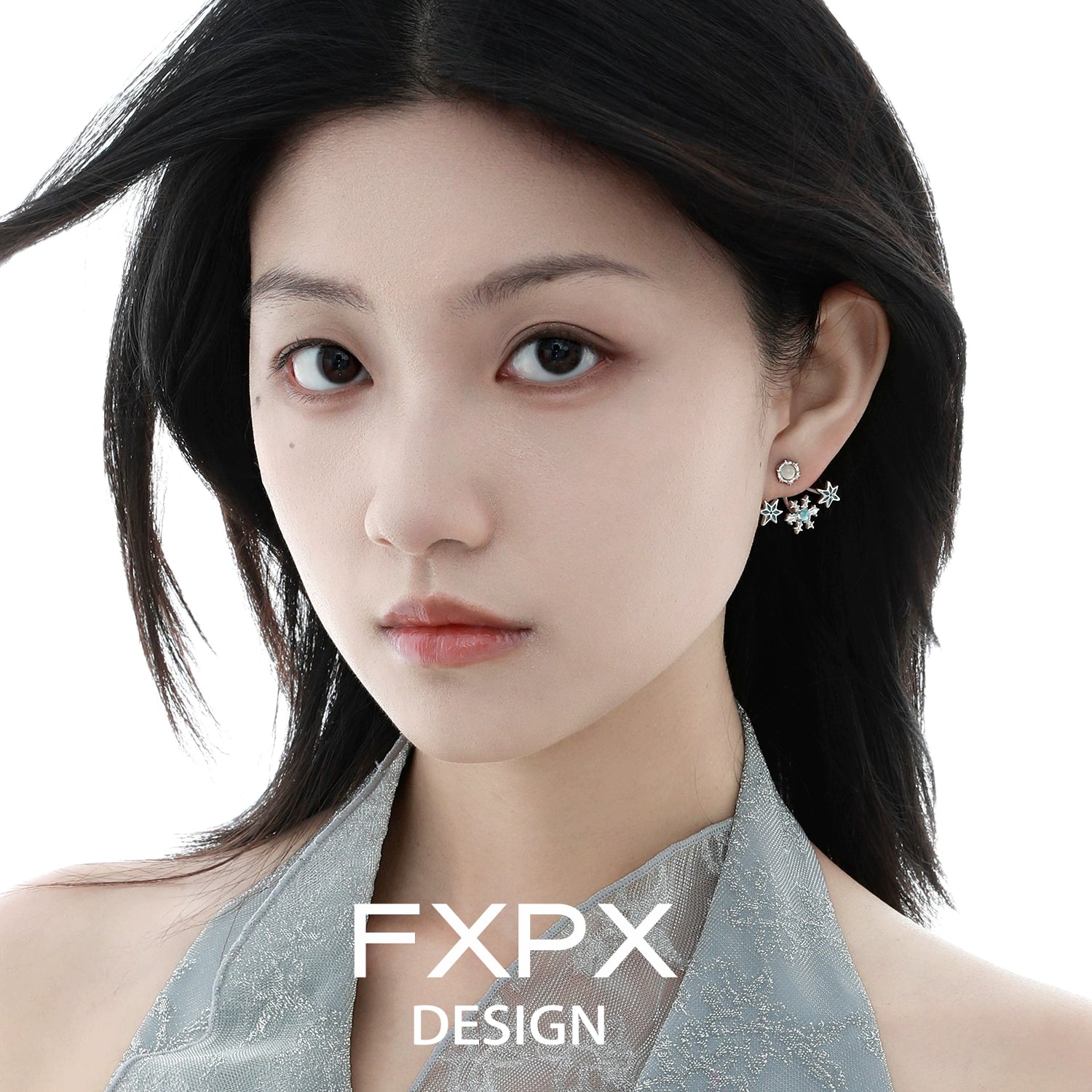 Elegant FXPX snowflake agate stud earrings adorned with delicate floral design for versatile styling
