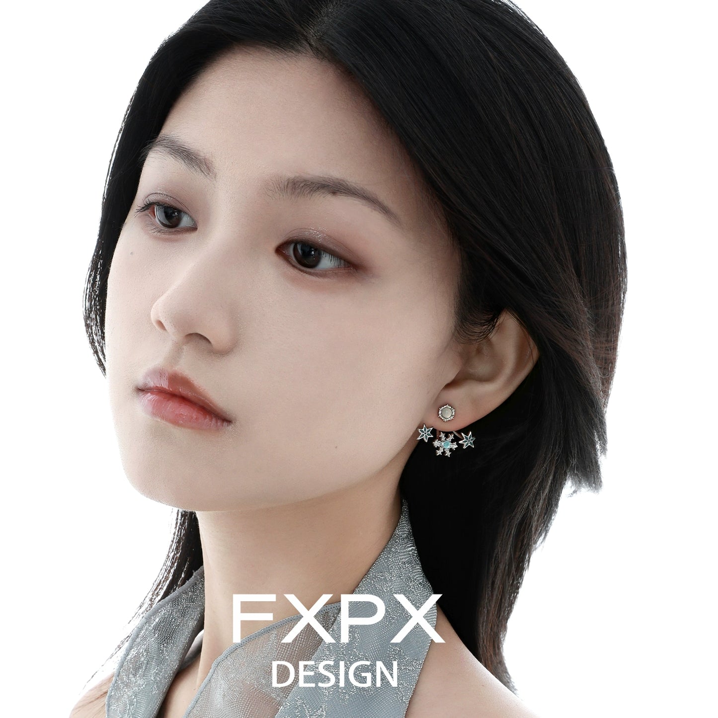 Elegant FXPX snowflake agate stud earrings featuring sparkling gemstones for a sophisticated look