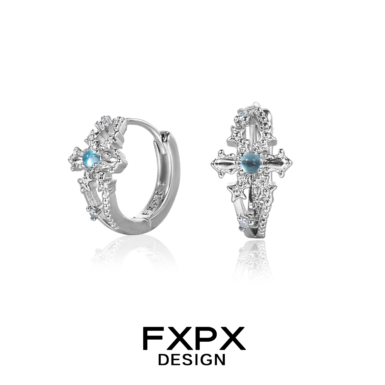 FXPX snowflake cross earrings featuring a sparkling design and aquamarine stone accents