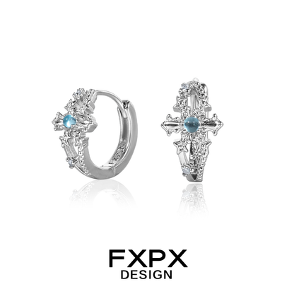 FXPX snowflake cross earrings featuring a sparkling design and aquamarine stone accents