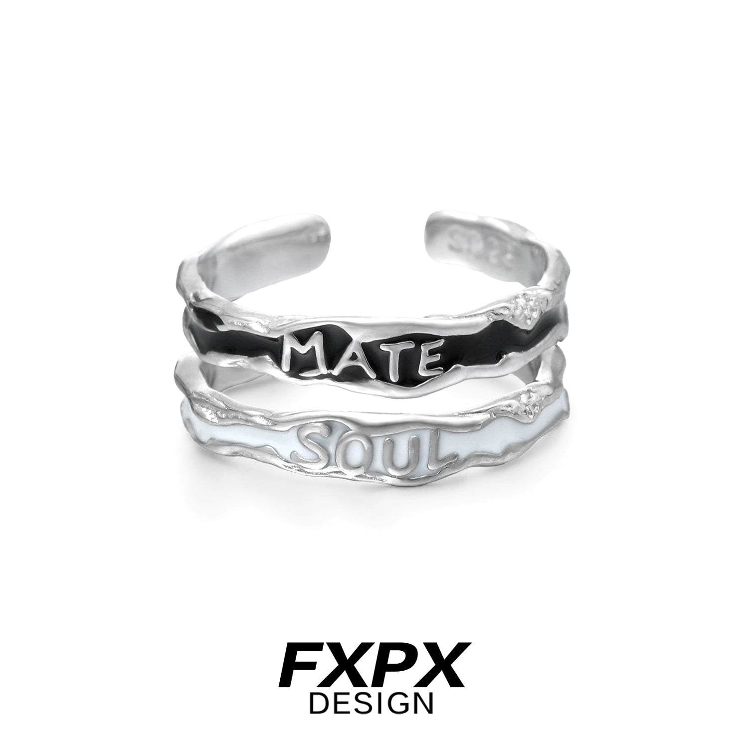 FXPX soulmate engraved ring in silver featuring 'Soul' and 'Mate' designs for a unique accessory