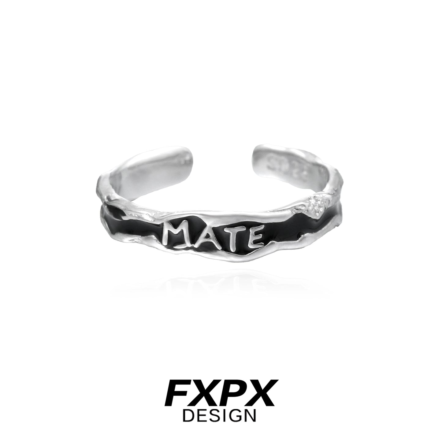 FXPX soulmate engraved ring in silver with a unique twisted design and bold 'MATE' inscription