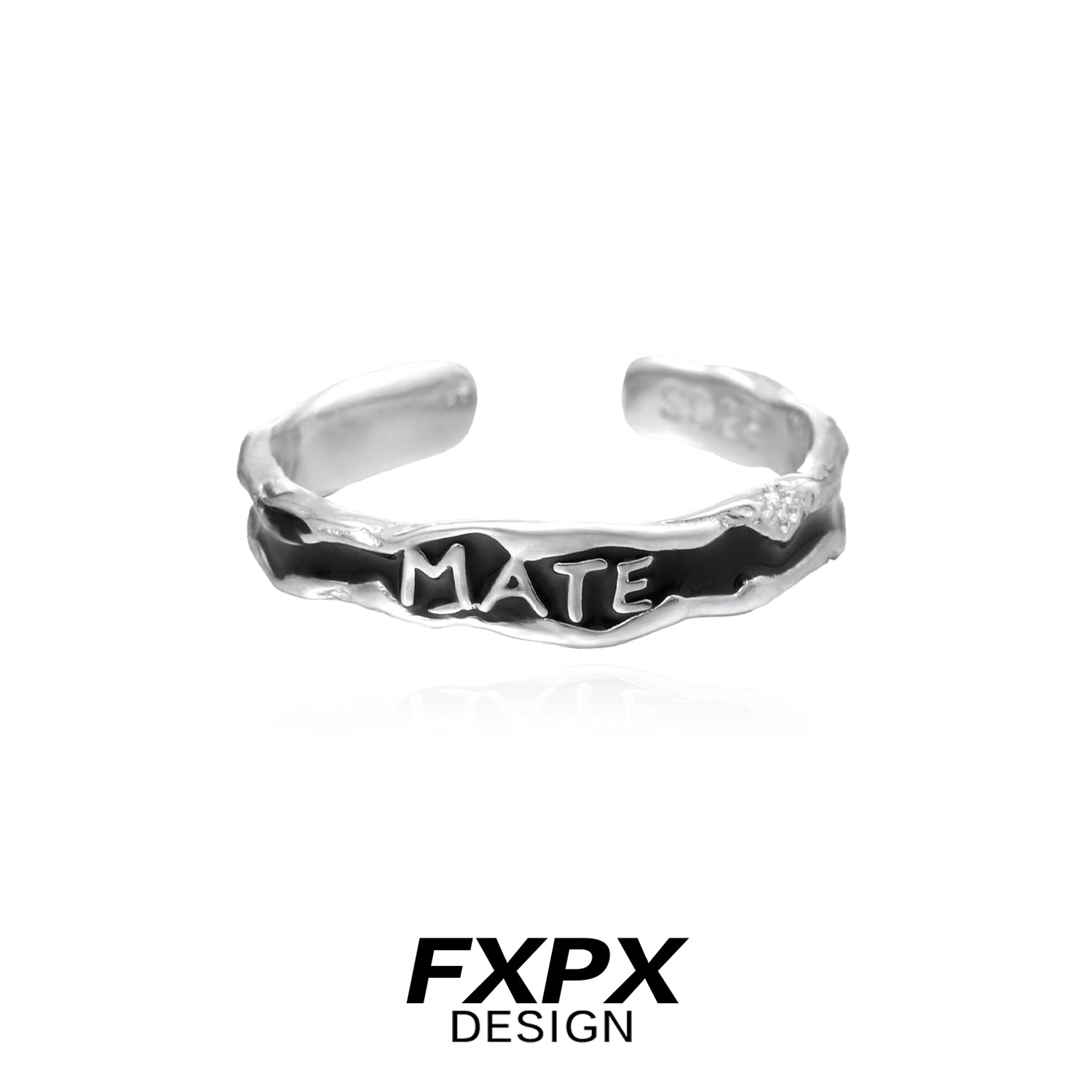 FXPX soulmate engraved ring in silver with a unique twisted design and bold 'MATE' inscription