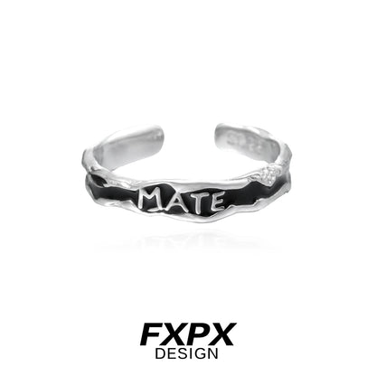 FXPX soulmate engraved ring in silver with a unique twisted design and bold 'MATE' inscription