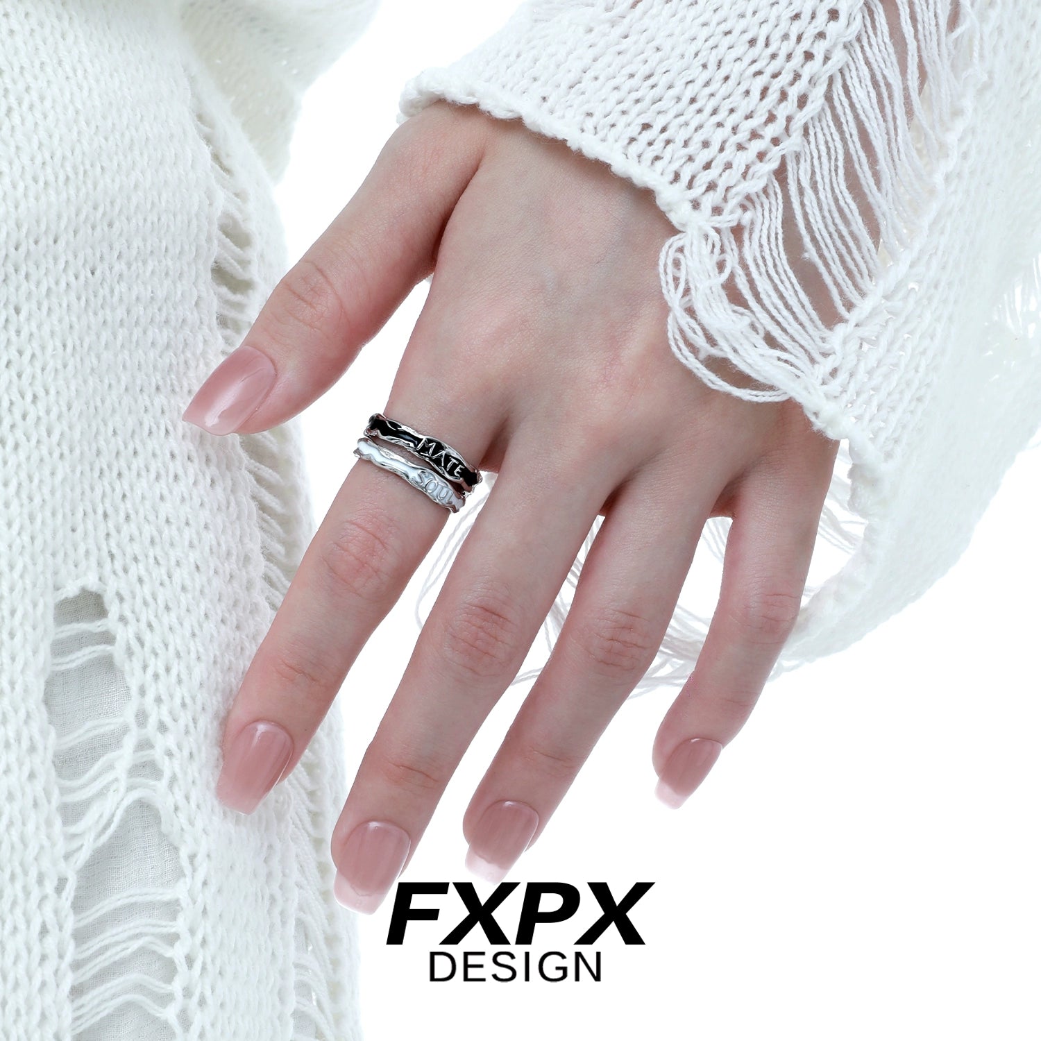 FXPX soulmate engraved ring shown on a woman's hand, featuring a stylish and meaningful design